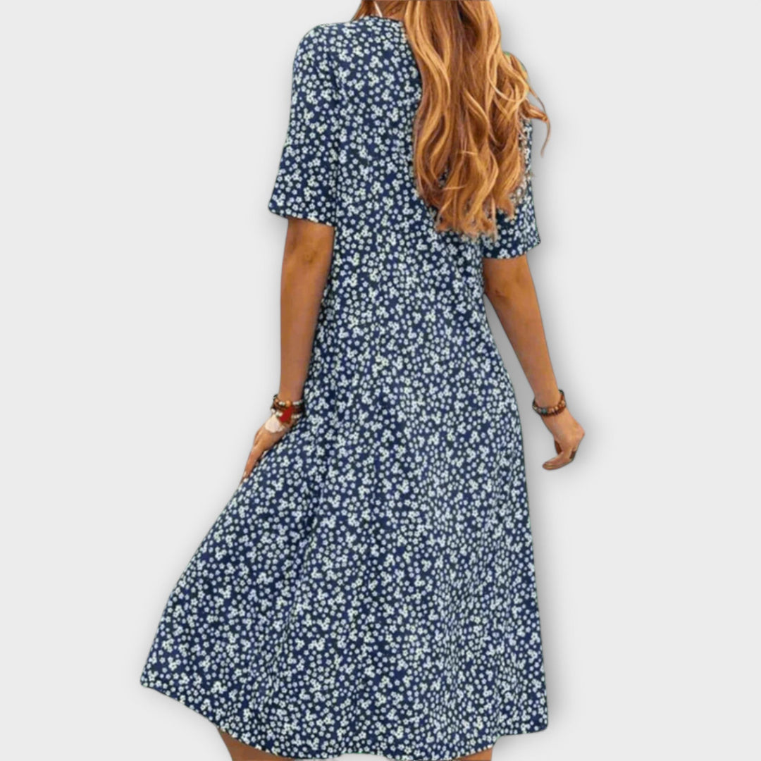 Paula - Vestido Elegante de Flores em Tecido Premium