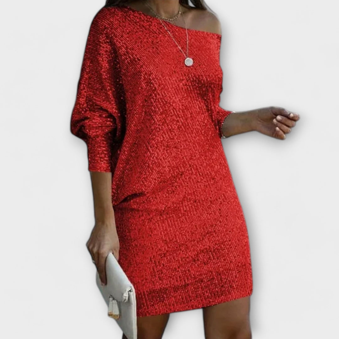 Vestido de festa com paetês e contraste