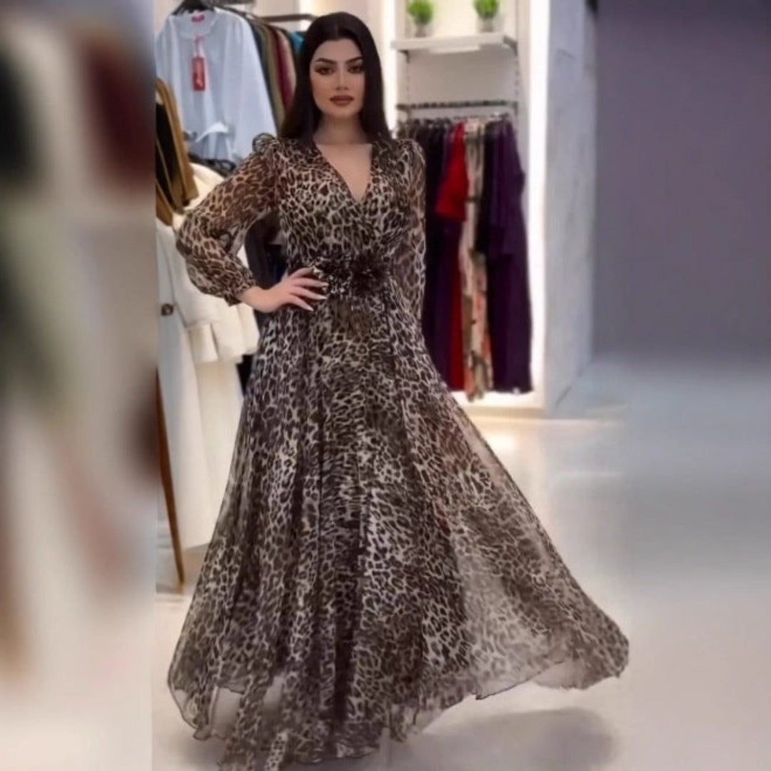 Nalera - Vestido Midi Elegante com Estampa de Leopardo