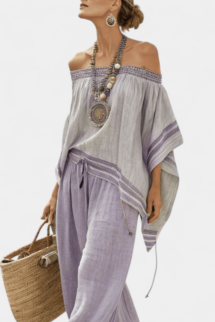 Zandrel | Top Elegante Off-Shoulder & Calças Largas Listradas