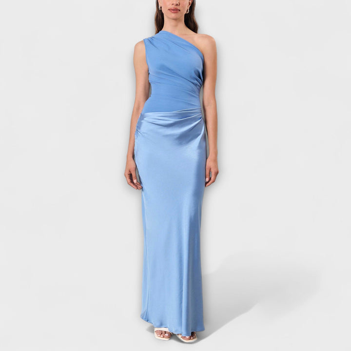 Elegante Vestido Maxi de Um Ombro com Pregas