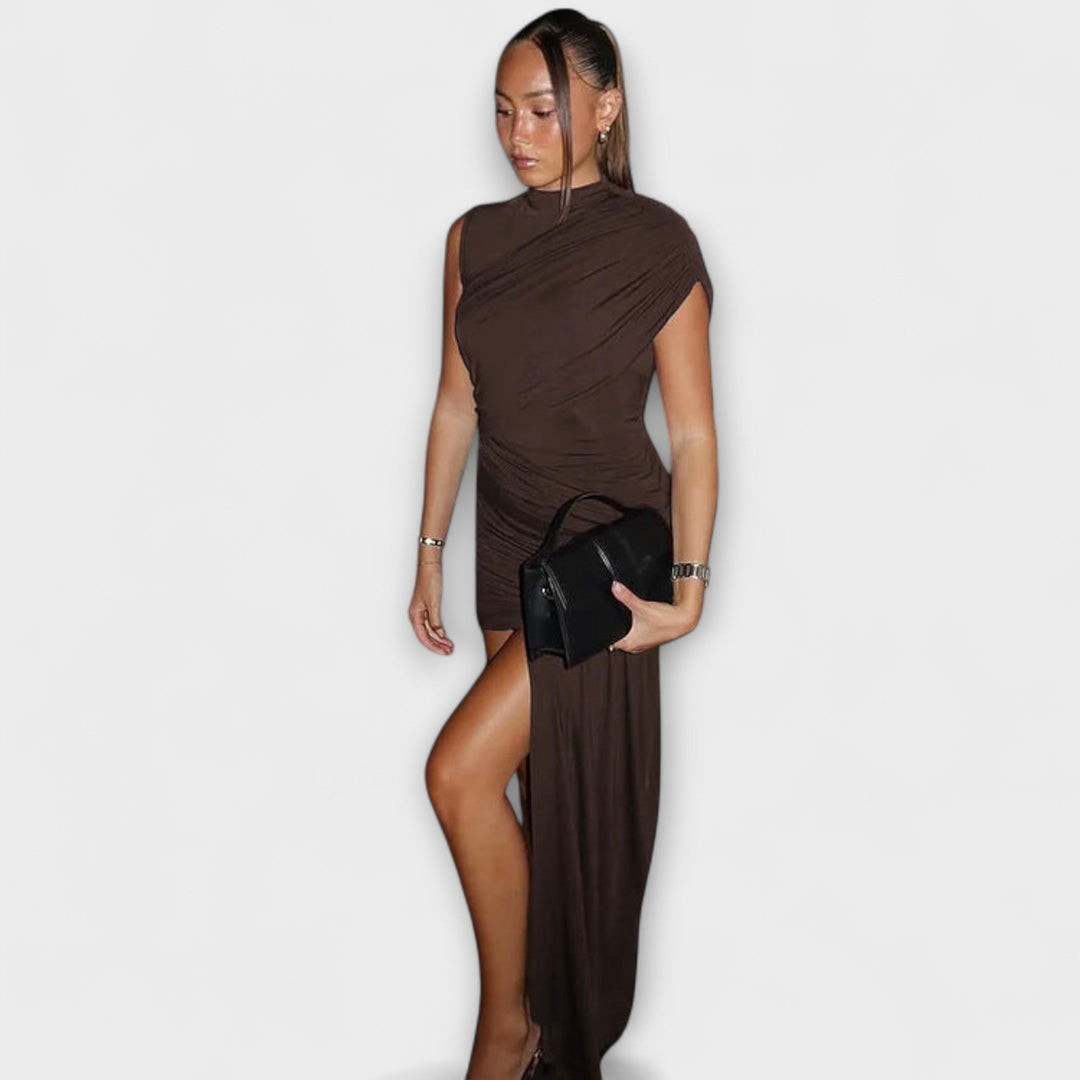 Aurora - Vestido elegante e justo com decote redondo e plissado