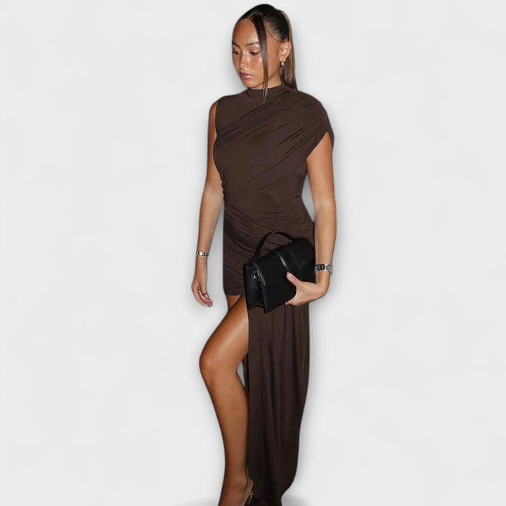 Aurora - Vestido elegante e justo com decote redondo e plissado