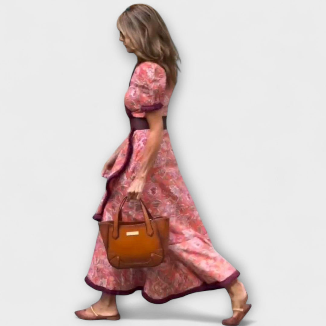 Elegante Vestido Maxi Rosa com Mangas Curtas