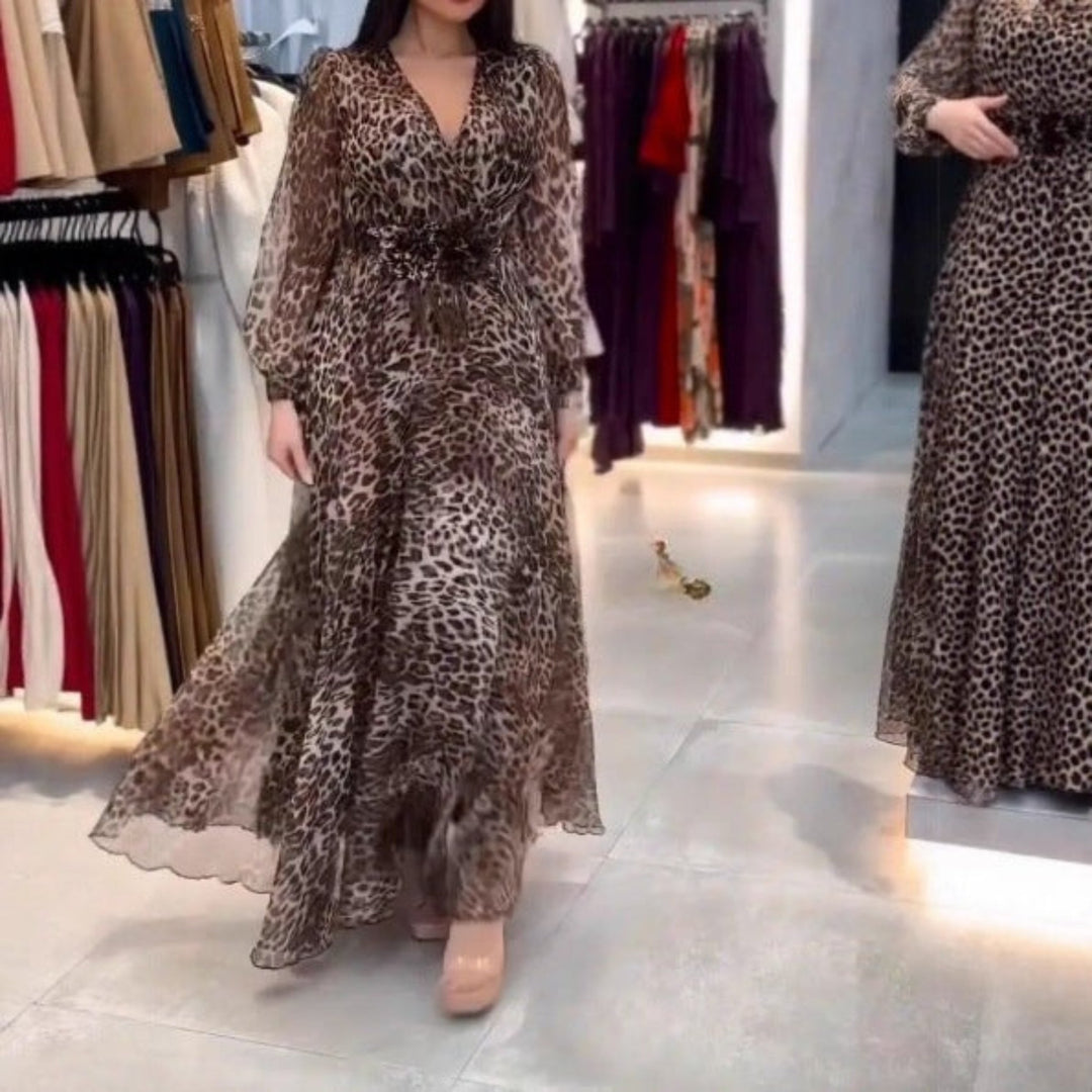 Nalera - Vestido Midi Elegante com Estampa de Leopardo