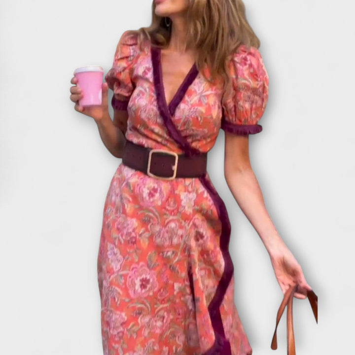 Elegante Vestido Maxi Rosa com Mangas Curtas