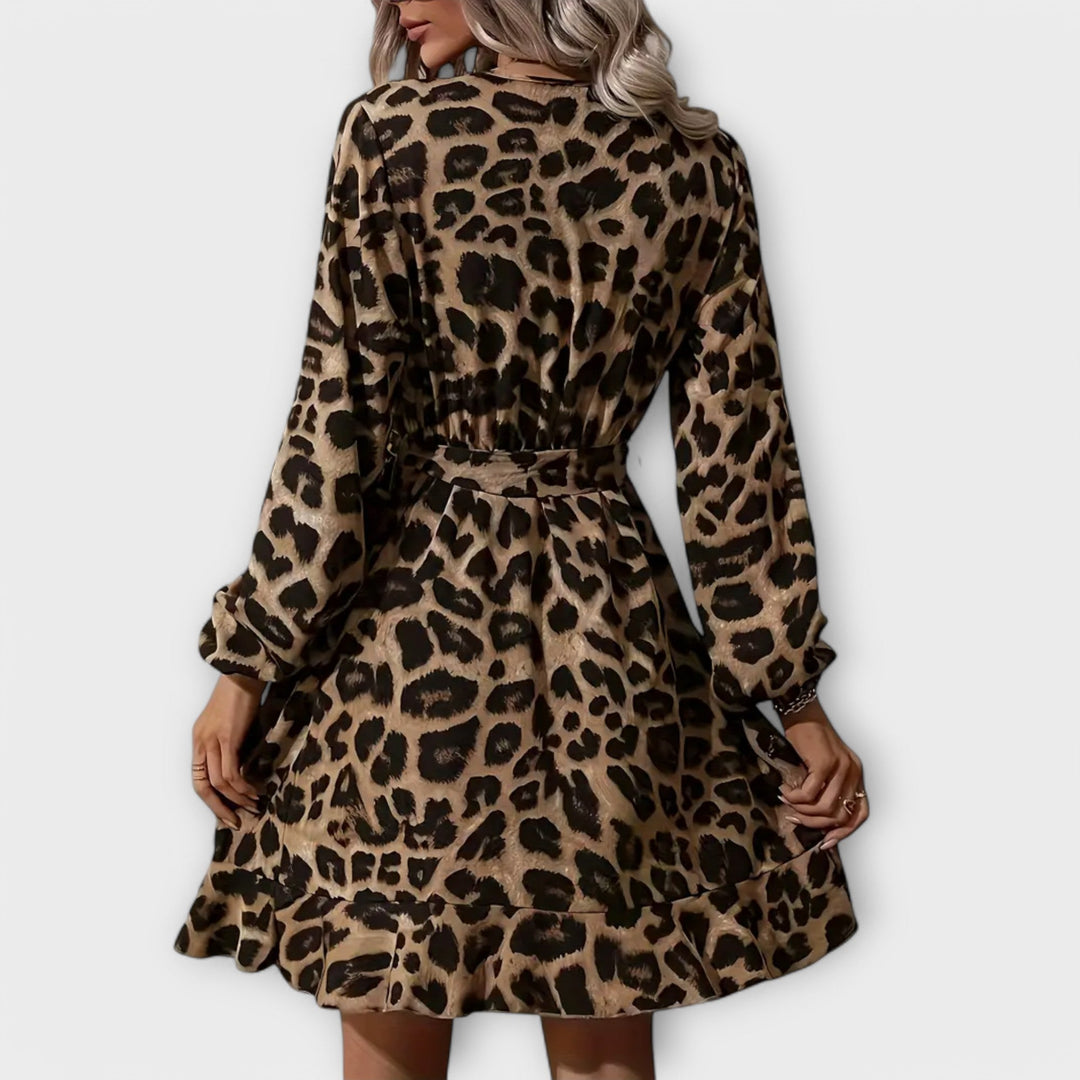 Vestido elegante com estampa de leopardo, decote em V e cinto