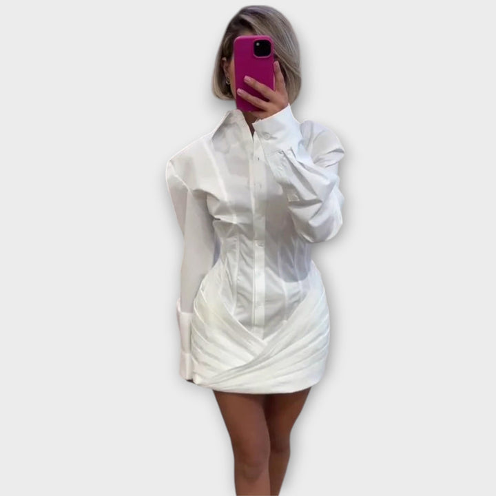 Indie - Vestido camisa plissado branco de manga longa
