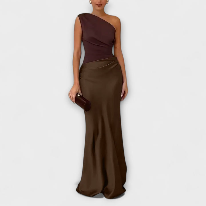 Elegante Vestido Maxi de Um Ombro com Pregas