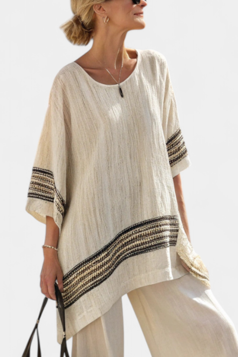 Harlowe | Top de Linho Preto Listrado Elegante & Calças Fluídas