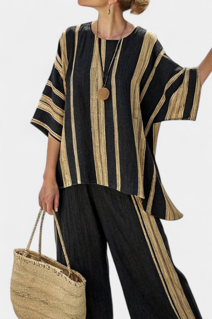 Calden | Conjunto Confortável de Top Listrado Oversized e Calças de Linho Relaxadas