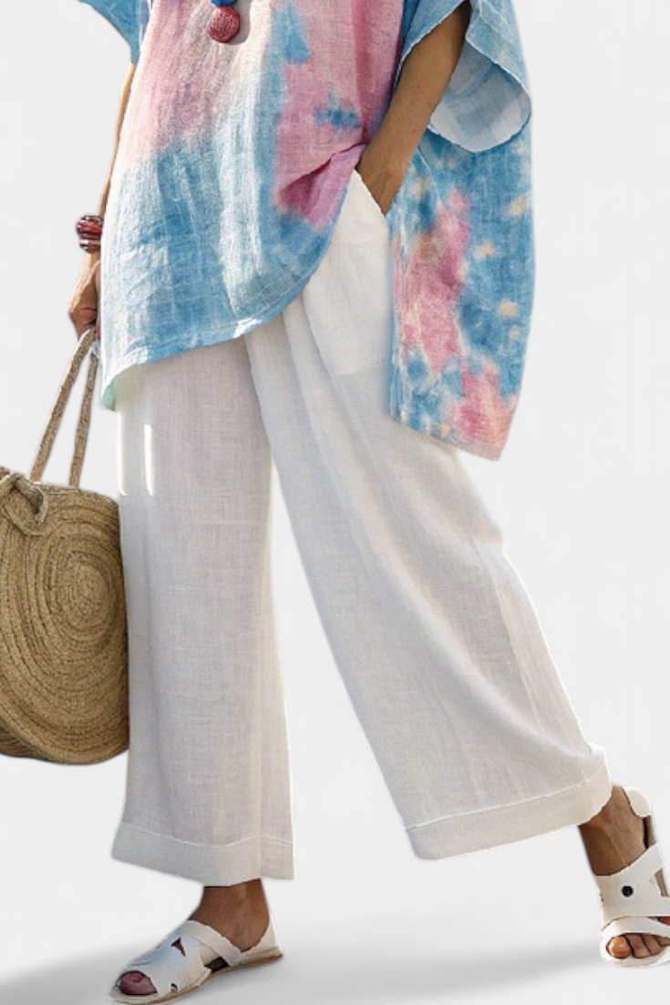 Vantrel | Top de Linho Confortável e Relaxado & Calças Listradas de Bambu