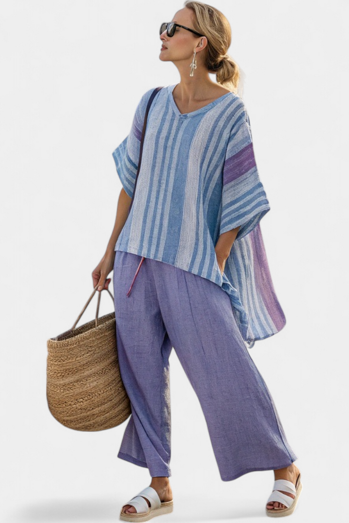 Zellora | Top Elegante em Lavanda e Azul Céu & Calças de Linho