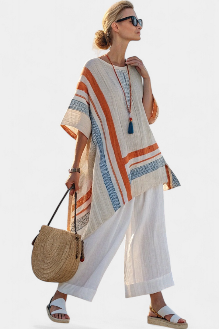 Caevan | Blusa Assimétrica Sofisticada & Calças de Linho de Perna Larga