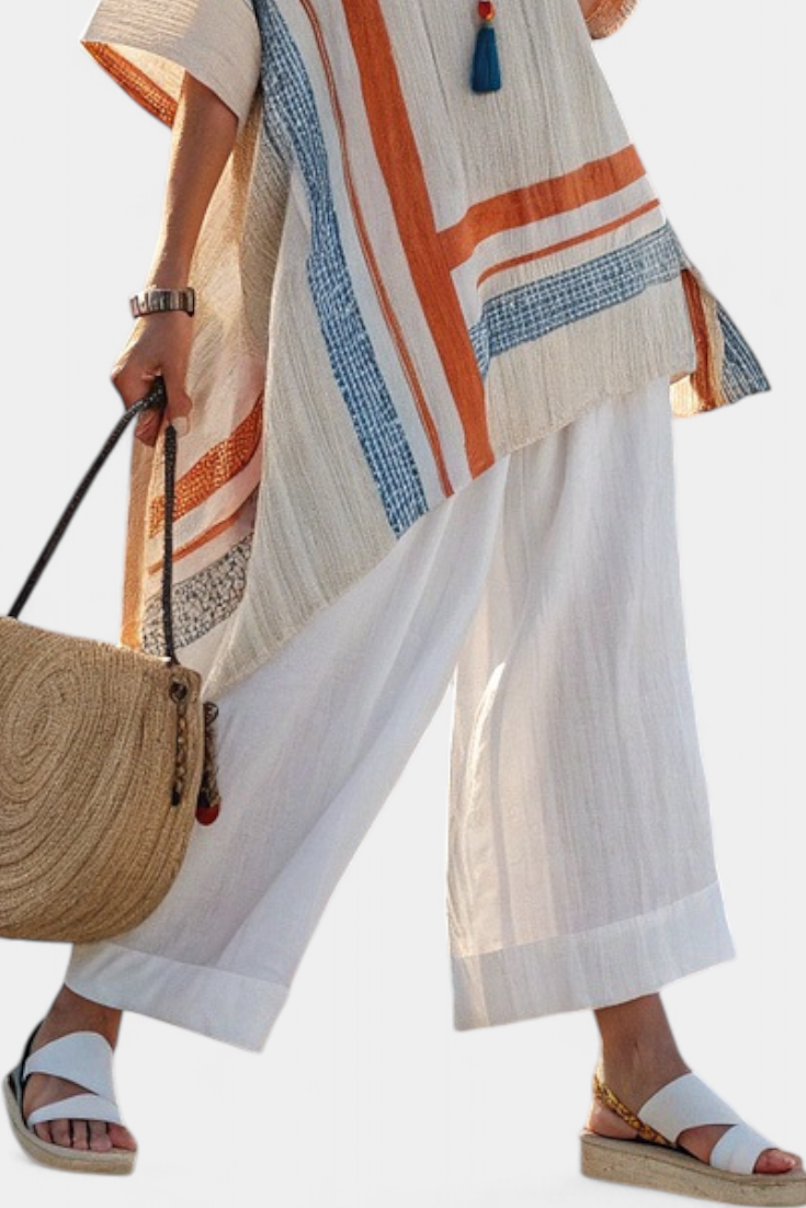 Caevan | Blusa Assimétrica Sofisticada & Calças de Linho de Perna Larga