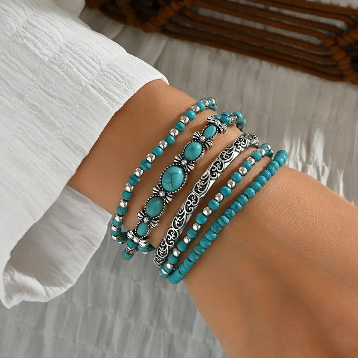 Conjunto de Pulseiras de Contas de Turquesa Boêmia