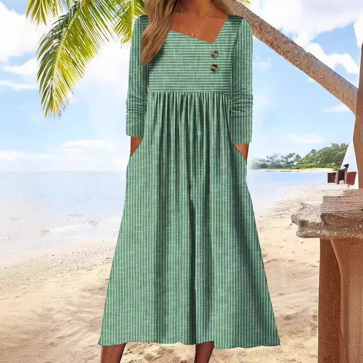 Malu | Vestido Midi de Algodão Listrado com Elegância Descontraída