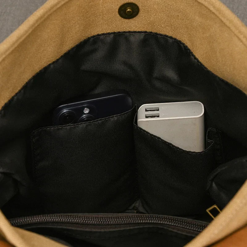 Mochila de Couro e Lona Genuine | Mochila Vintage para Laptop de Faculdade