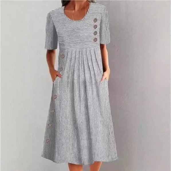 Mari | VESTIDO MIDI DE ALGODÃO LISTRADO COM ELEGÂNCIA DESCONTRAÍDA