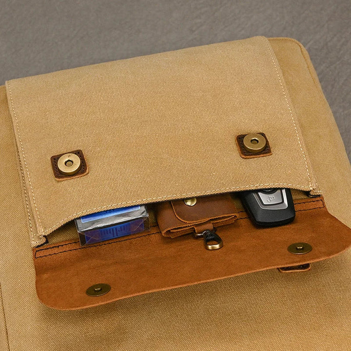 Mochila de Couro e Lona Genuine | Mochila Vintage para Laptop de Faculdade