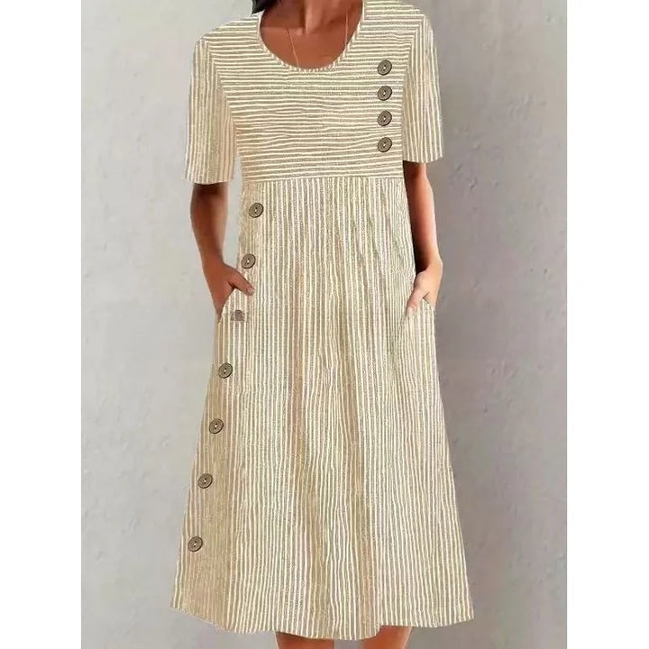 Tati | Vestido Midi de Algodão Listrado com Elegância Descontraída
