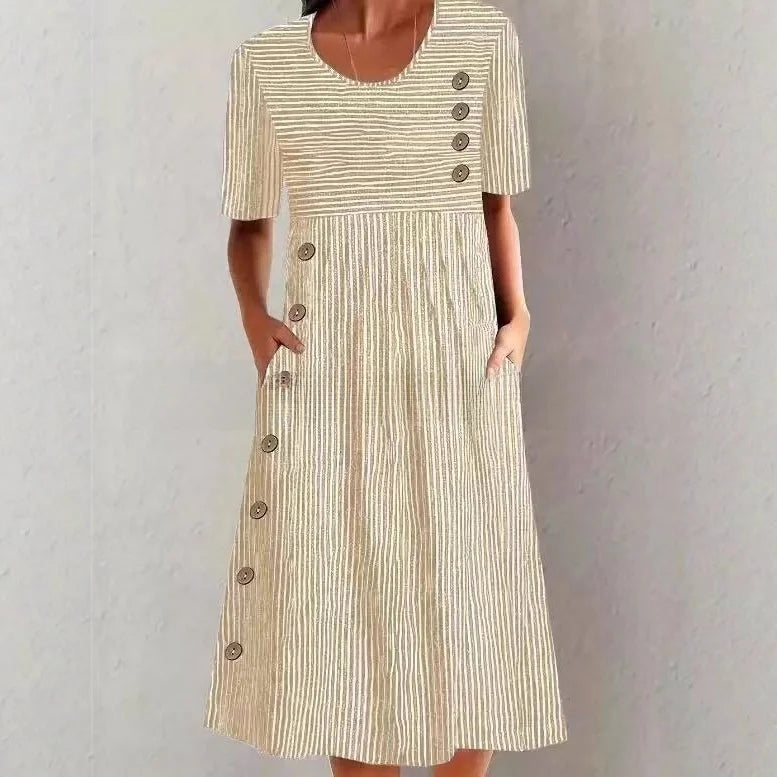 Tati | Vestido Midi de Algodão Listrado com Elegância Descontraída