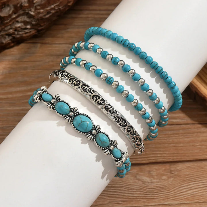 Conjunto de Pulseiras de Contas de Turquesa Boêmia