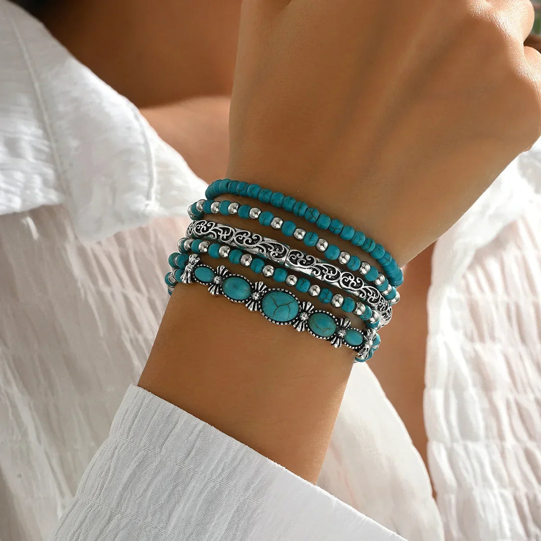 Conjunto de Pulseiras de Contas de Turquesa Boêmia