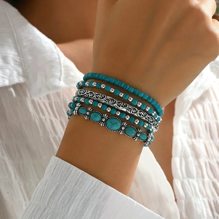Conjunto de Pulseiras de Contas de Turquesa Boêmia