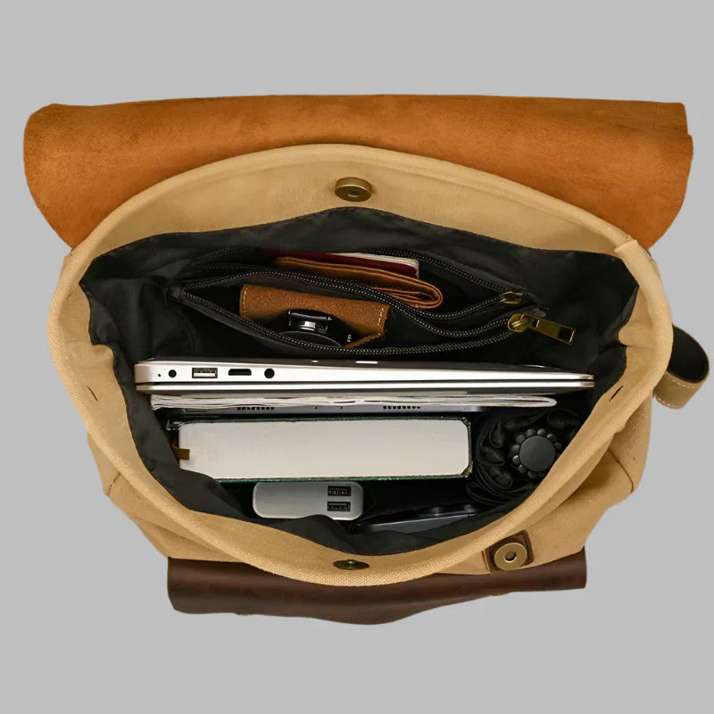 Mochila de Couro e Lona Genuine | Mochila Vintage para Laptop de Faculdade