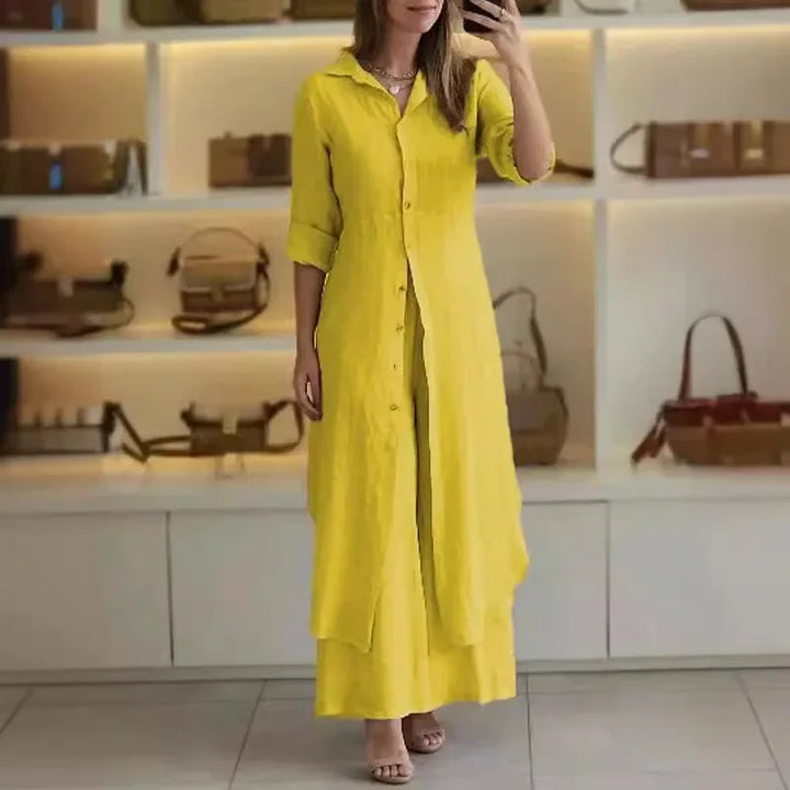 Alira – Vestido Blusa Relaxado e Calças de Linho de Perna Larga