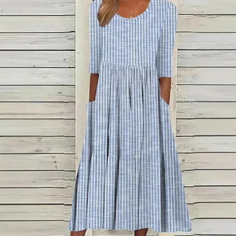 Carla | VESTIDO MIDI DE ALGODÃO LISTRADO COM ELEGÂNCIA DESCONTRAÍDA