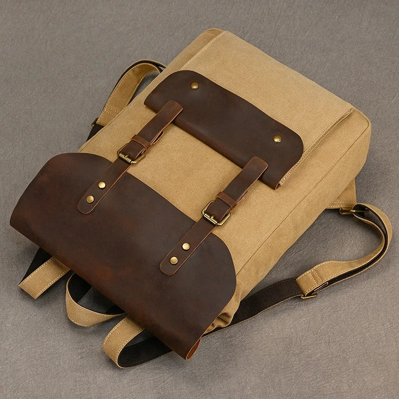 Mochila de Couro e Lona Genuine | Mochila Vintage para Laptop de Faculdade