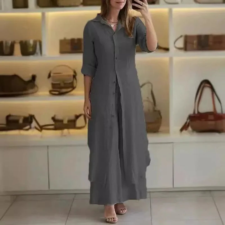 Alira – Vestido Blusa Relaxado e Calças de Linho de Perna Larga