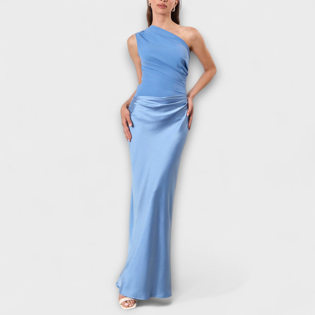 Elegante Vestido Maxi de Um Ombro com Pregas