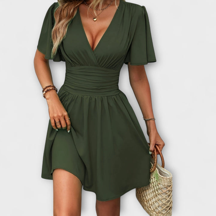 Winslet - Vestido com cintura franzida e decote em V