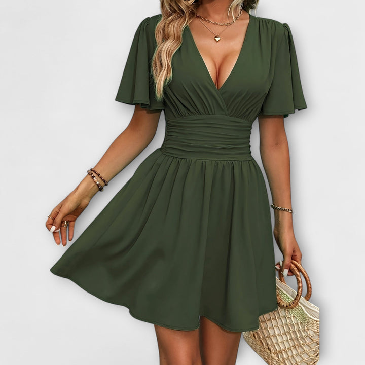 Winslet - Vestido com cintura franzida e decote em V