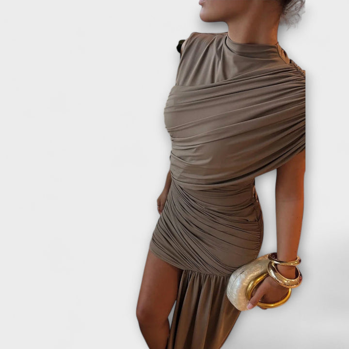 Aurora - Vestido elegante e justo com decote redondo e plissado