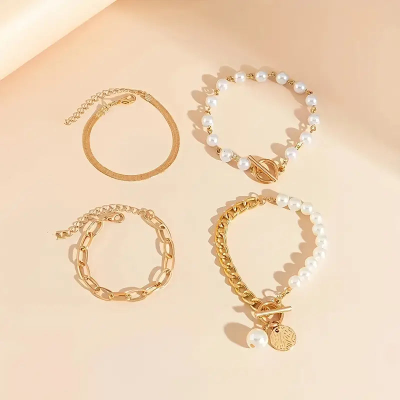 Conjunto de Pulseiras Elegantes de Ouro com 4 Peças
