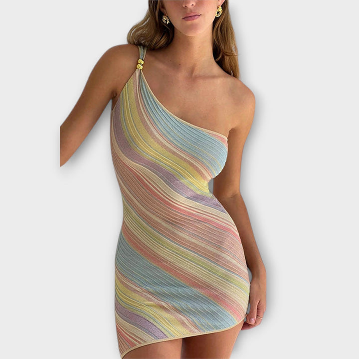 Kira - Vestido Mini Tricot de Um Ombro Estiloso