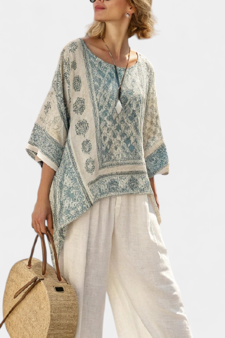 Quinley | Blusa Impressa Confortável & Calças Brancas de Perna Larga